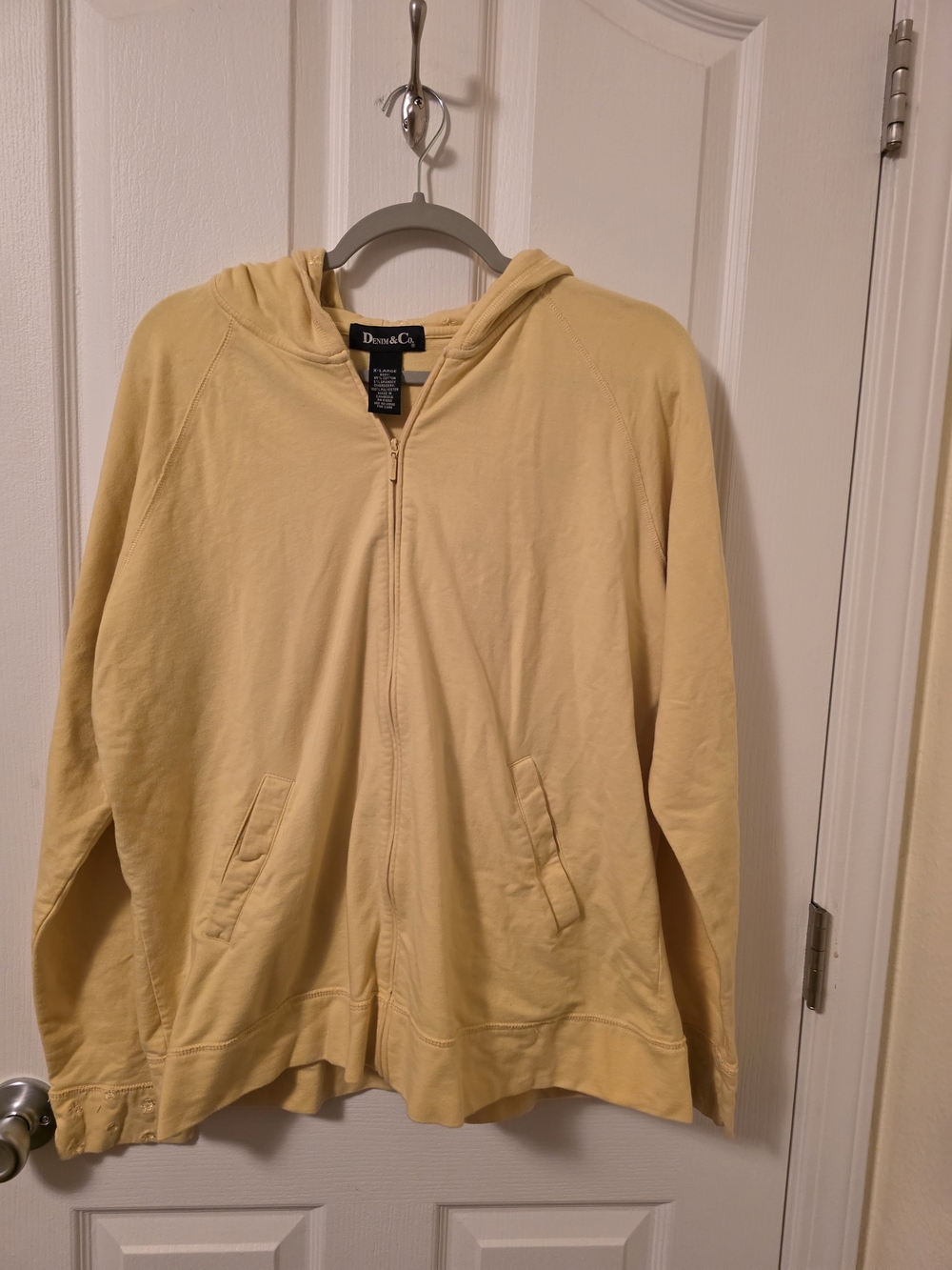 Denim&Co Pale Yellow Hooded Full-Zip Sweatshirt With Floral Emroidered Accents